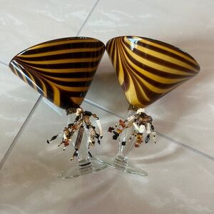 #2891 Pair of Tortoise Shell Pulled Feather Blown Glass Martini Glass